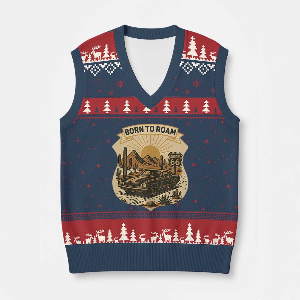 Vintage Muscle Car Route Highway 66 V-Neck Knit Sweater Vest Born To Roam Road Trip TS12 Navy Red Print Your Wear