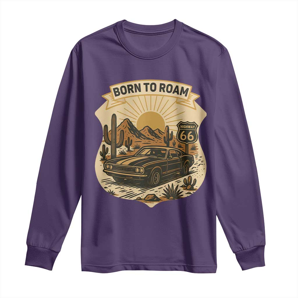 Vintage Muscle Car Route Highway 66 Long Sleeve Shirt Born To Roam Road Trip TS12 Purple Print Your Wear