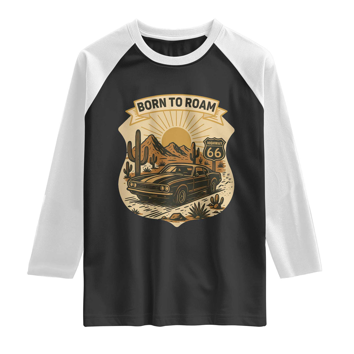 Vintage Muscle Car Route Highway 66 Raglan Shirt Born To Roam Road Trip TS12 Black White Print Your Wear