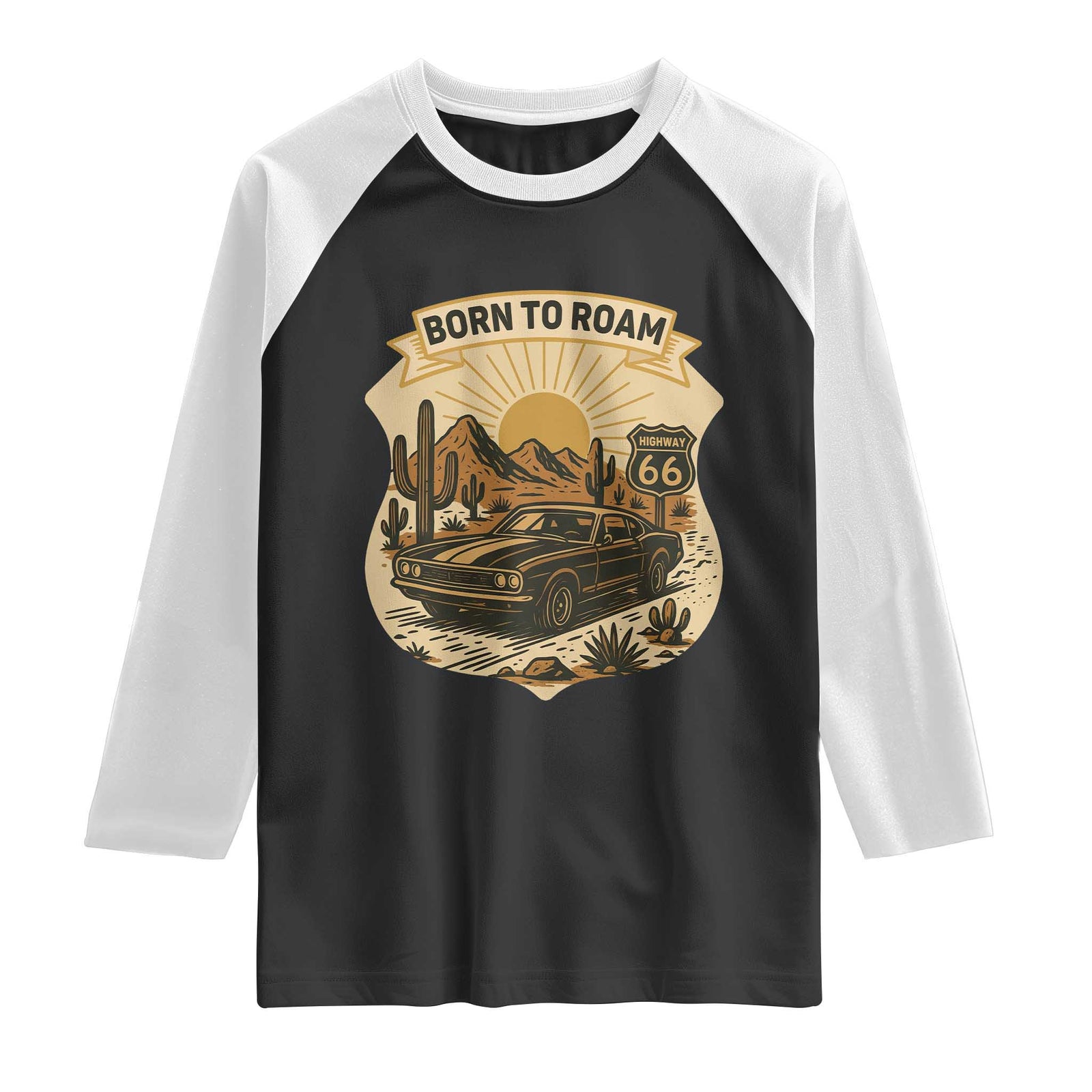 Vintage Muscle Car Route Highway 66 Raglan Shirt Born To Roam Road Trip TS12 Black White Print Your Wear