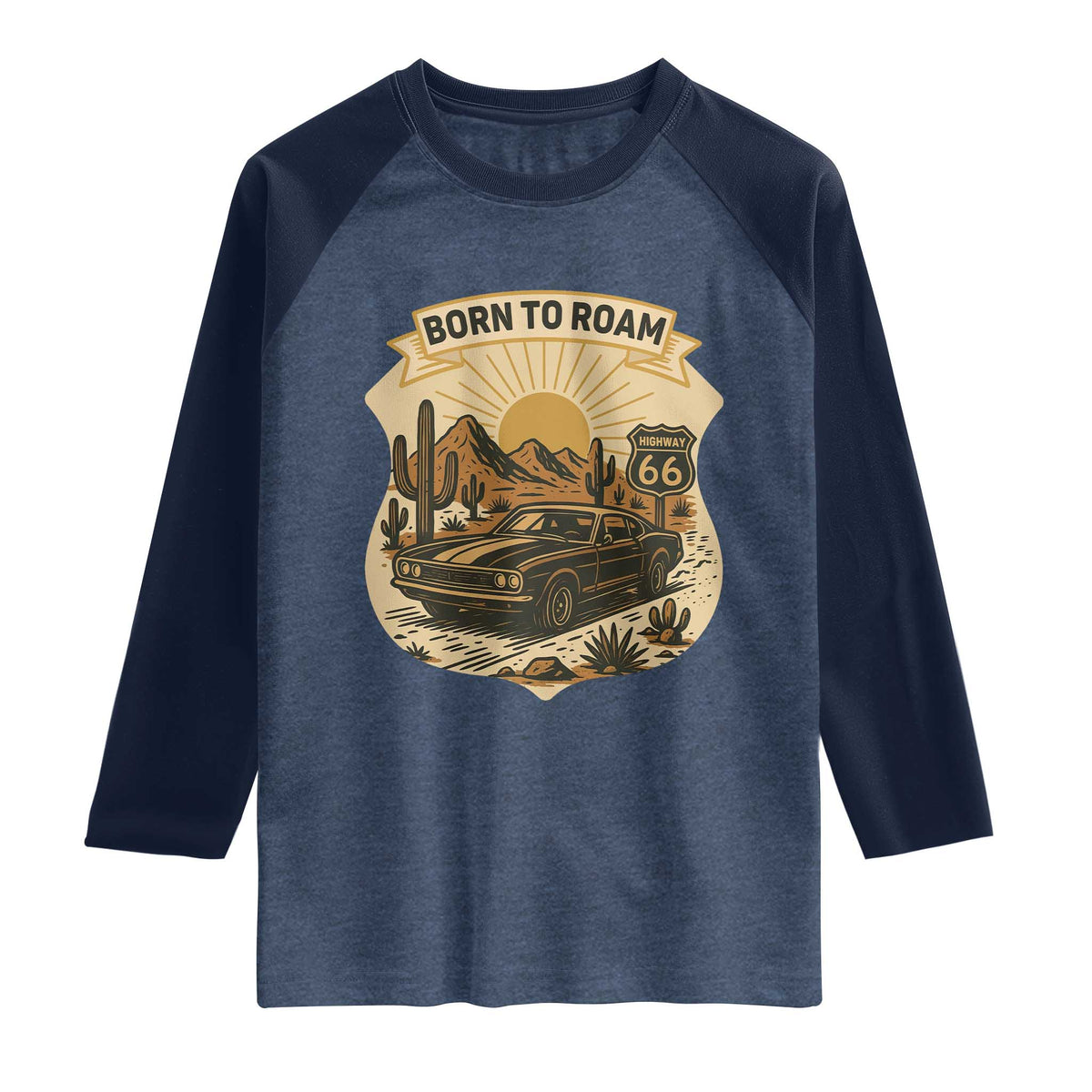 Vintage Muscle Car Route Highway 66 Raglan Shirt Born To Roam Road Trip TS12 Heather Denim Navy Print Your Wear