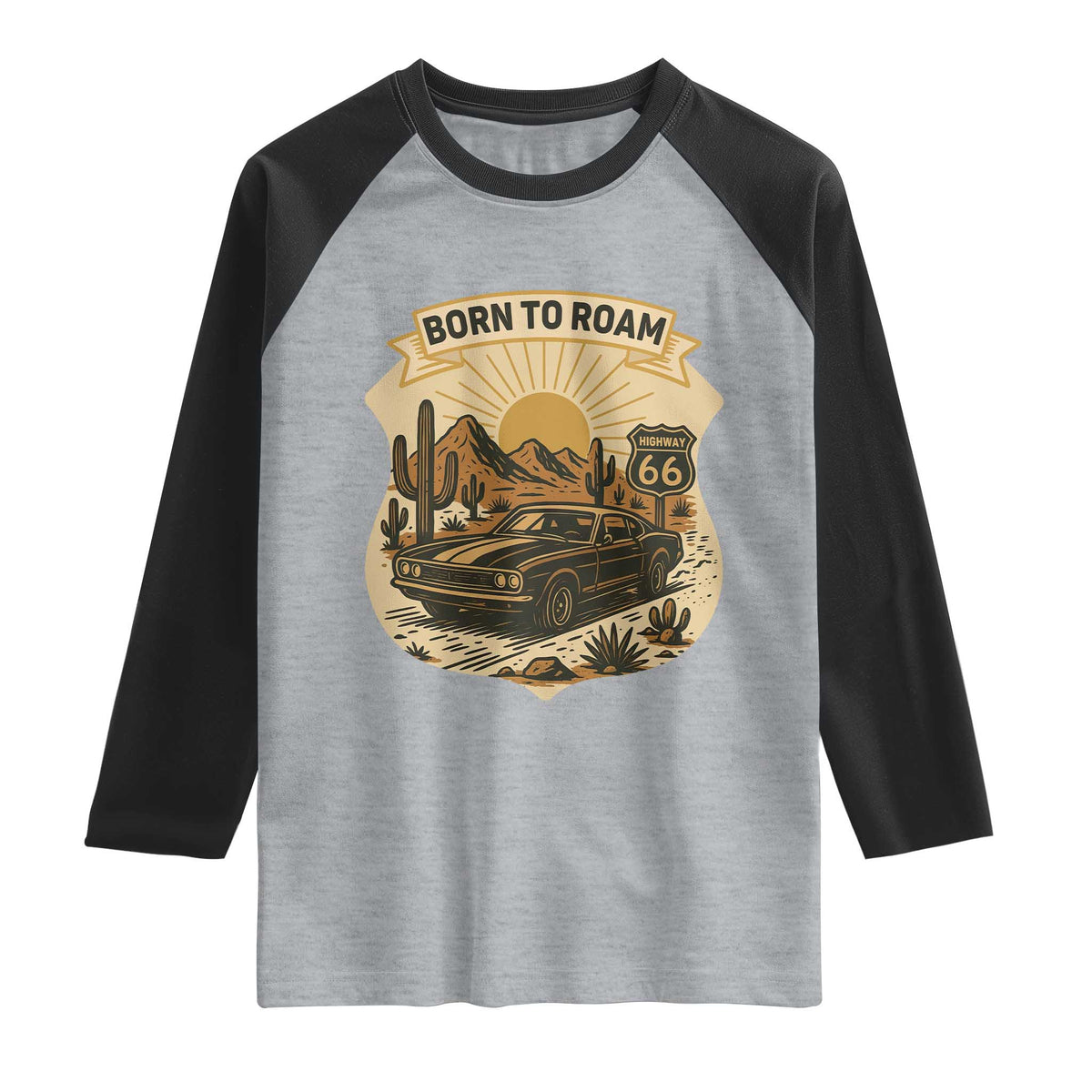 Vintage Muscle Car Route Highway 66 Raglan Shirt Born To Roam Road Trip TS12 Heather Gray Black Print Your Wear