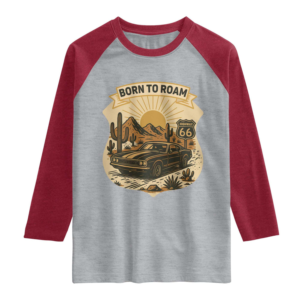 Vintage Muscle Car Route Highway 66 Raglan Shirt Born To Roam Road Trip TS12 Heather Gray Heather Red Print Your Wear