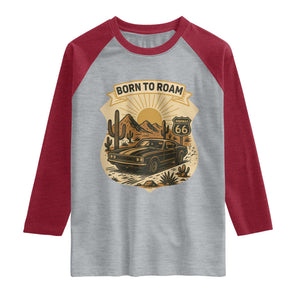 Vintage Muscle Car Route Highway 66 Raglan Shirt Born To Roam Road Trip TS12 Heather Gray Heather Red Print Your Wear