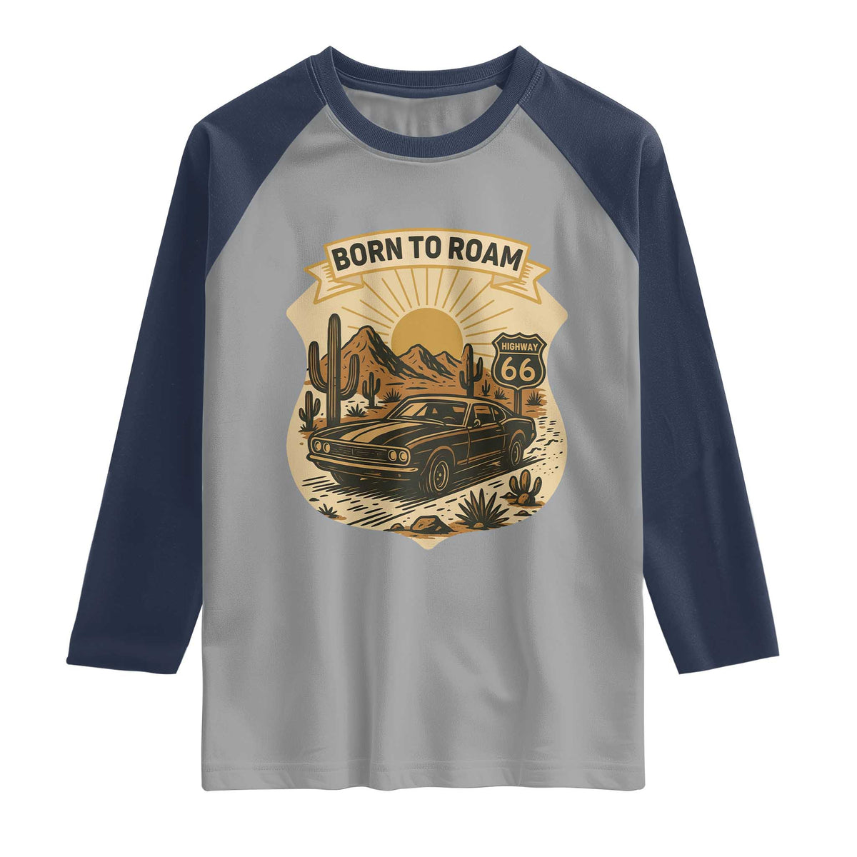 Vintage Muscle Car Route Highway 66 Raglan Shirt Born To Roam Road Trip TS12 Sport Gray Navy Print Your Wear