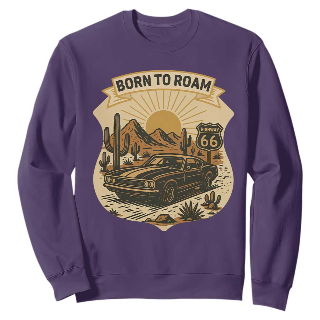 Vintage Muscle Car Route Highway 66 Sweatshirt Born To Roam Road Trip TS12 Purple Print Your Wear