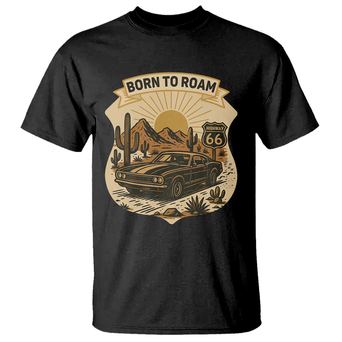 Vintage Muscle Car Route Highway 66 T Shirt Born To Roam Road Trip TS12 Black Print Your Wear