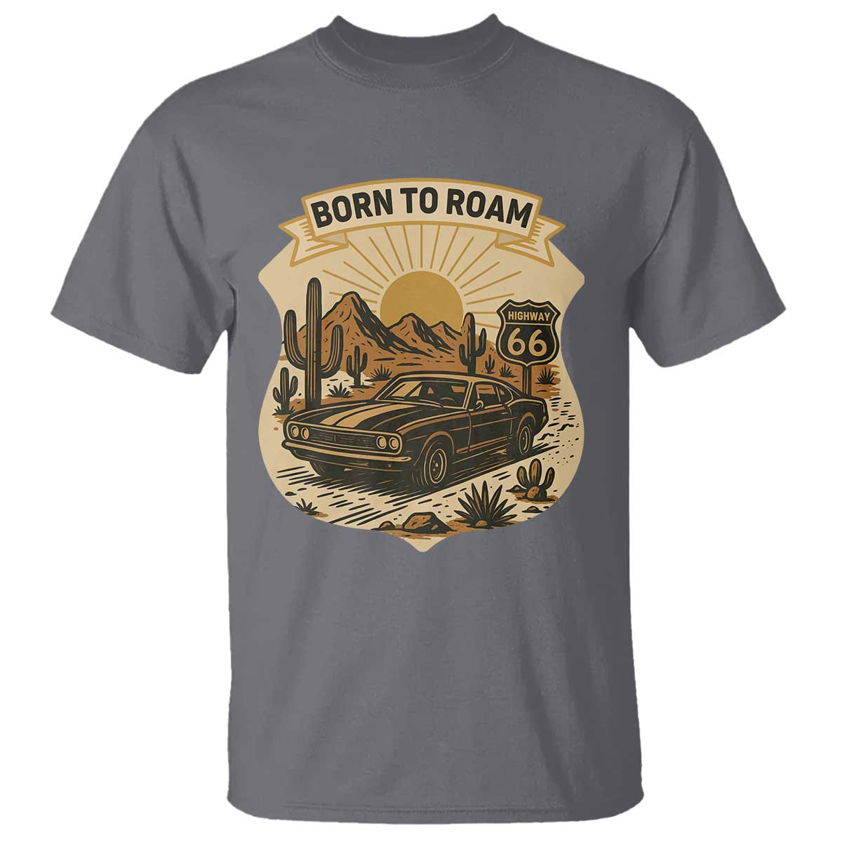 Vintage Muscle Car Route Highway 66 T Shirt Born To Roam Road Trip TS12 Charcoal Print Your Wear