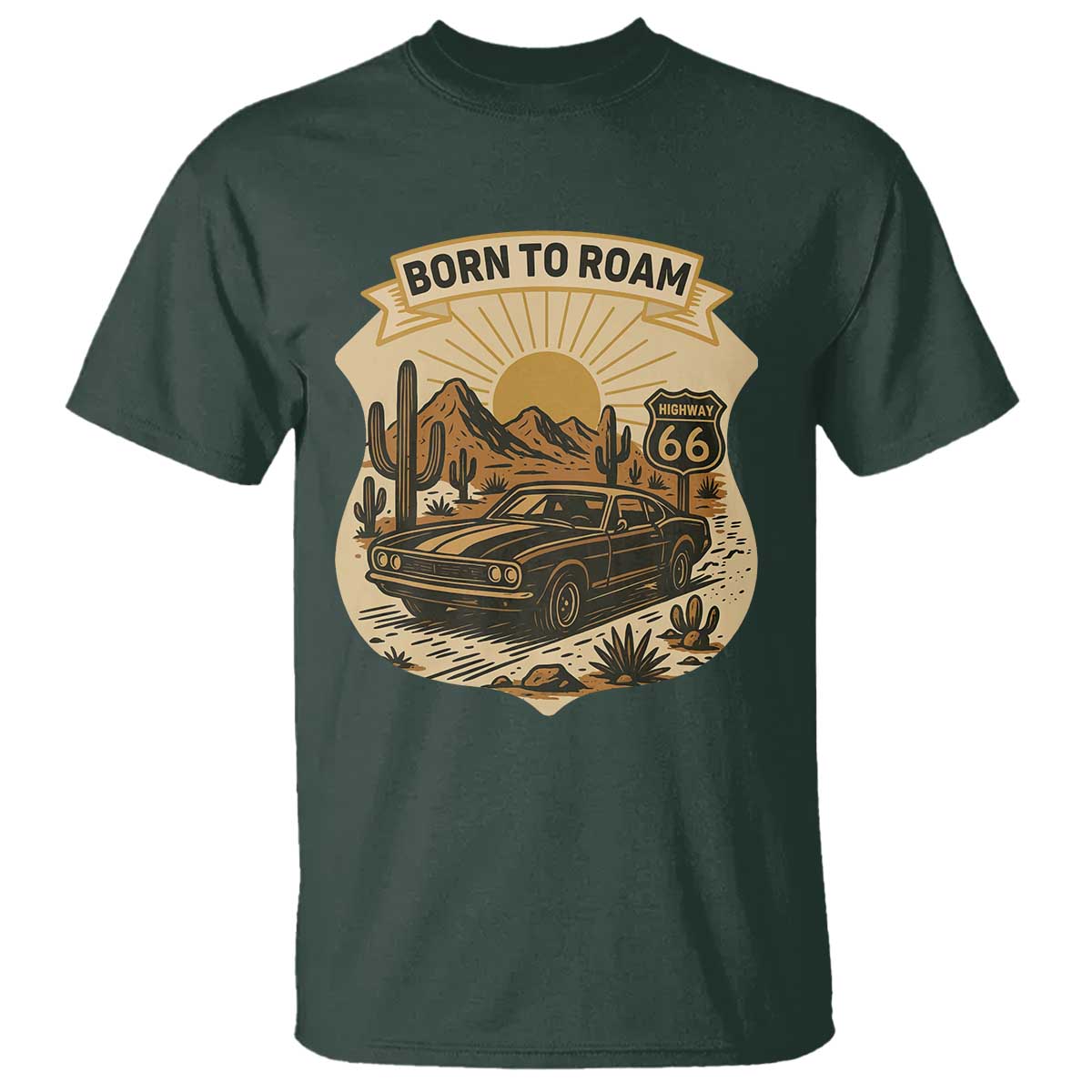 Vintage Muscle Car Route Highway 66 T Shirt Born To Roam Road Trip TS12 Dark Forest Green Print Your Wear