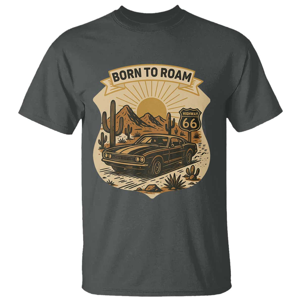 Vintage Muscle Car Route Highway 66 T Shirt Born To Roam Road Trip TS12 Dark Heather Print Your Wear