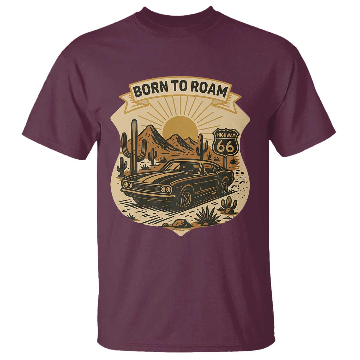 Vintage Muscle Car Route Highway 66 T Shirt Born To Roam Road Trip TS12 Maroon Print Your Wear