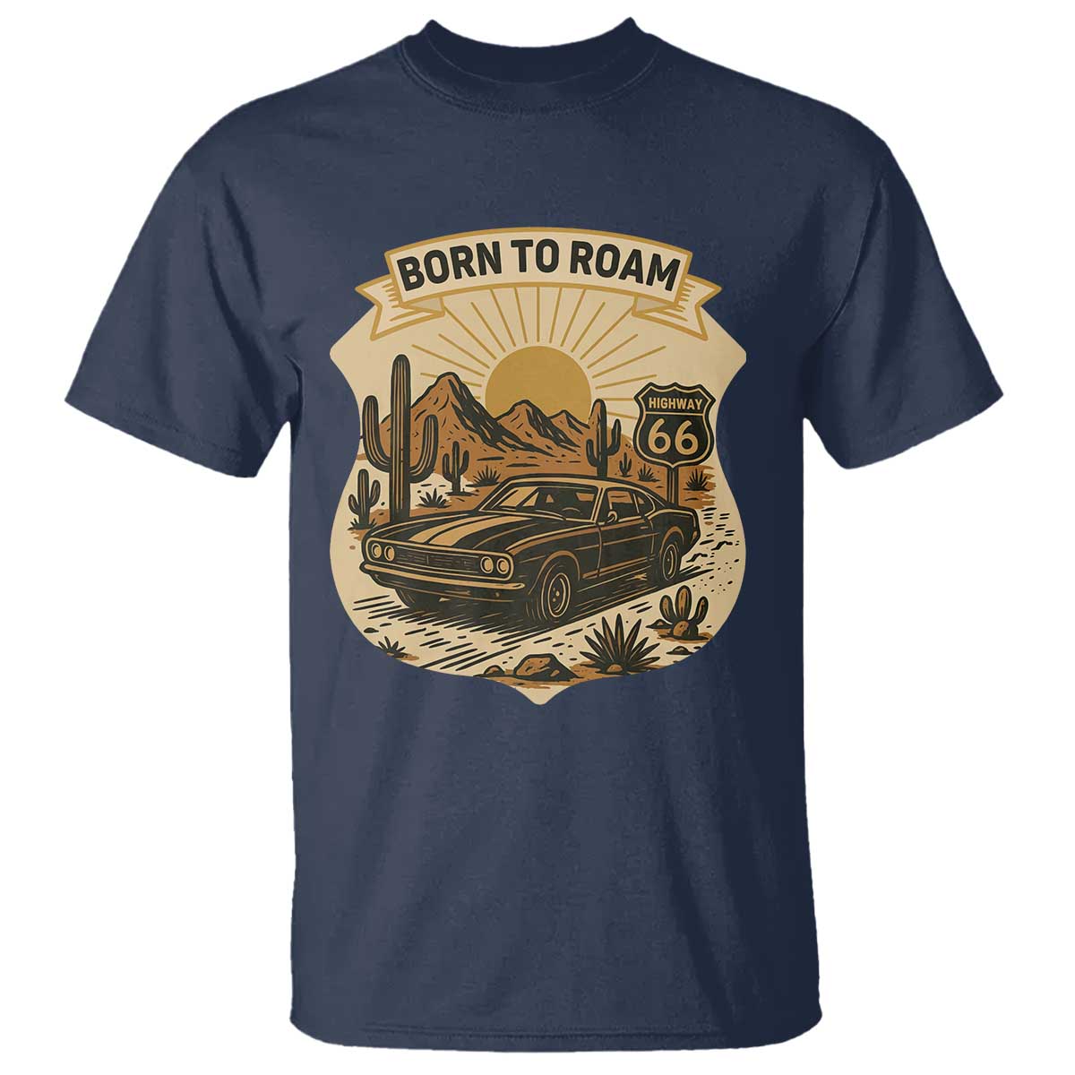 Vintage Muscle Car Route Highway 66 T Shirt Born To Roam Road Trip TS12 Navy Print Your Wear