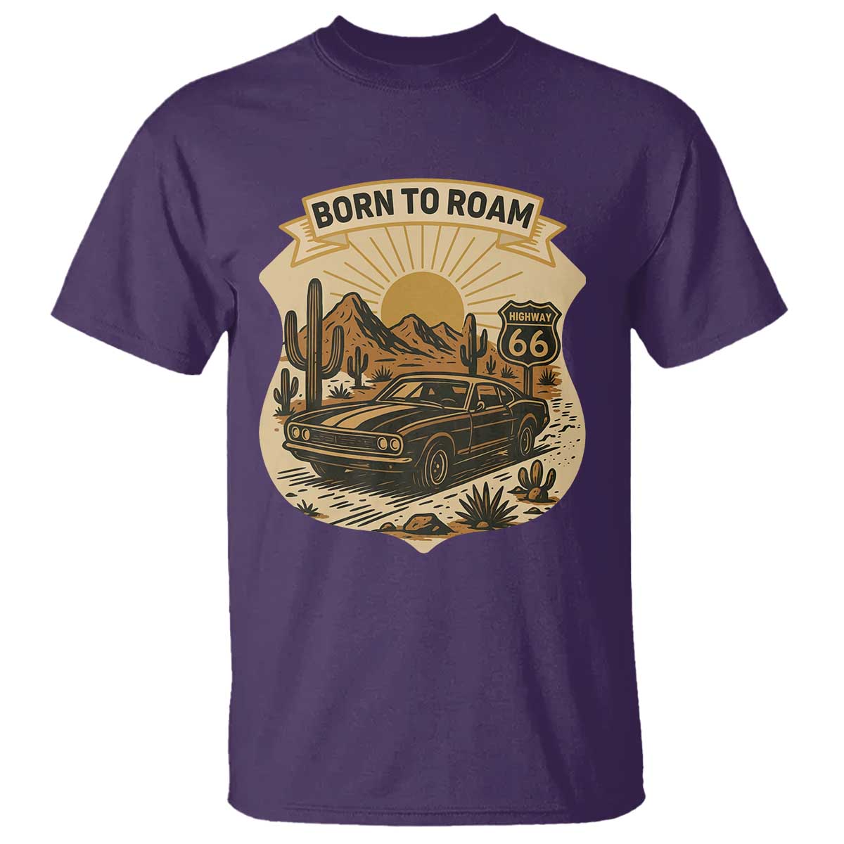 Vintage Muscle Car Route Highway 66 T Shirt Born To Roam Road Trip TS12 Purple Print Your Wear