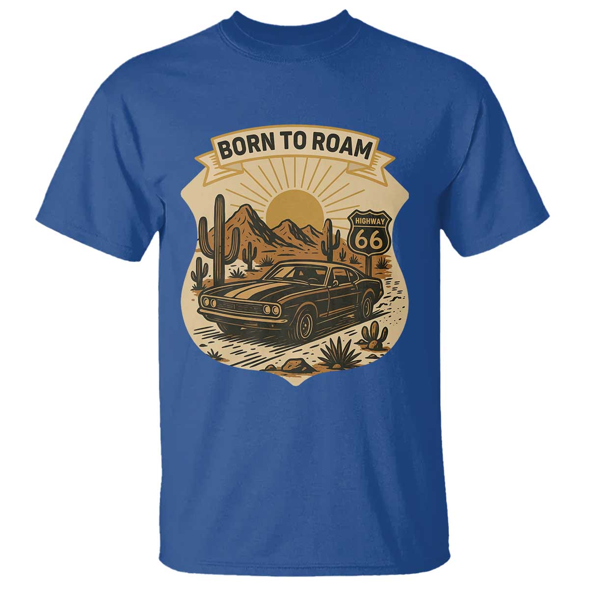 Vintage Muscle Car Route Highway 66 T Shirt Born To Roam Road Trip TS12 Royal Blue Print Your Wear