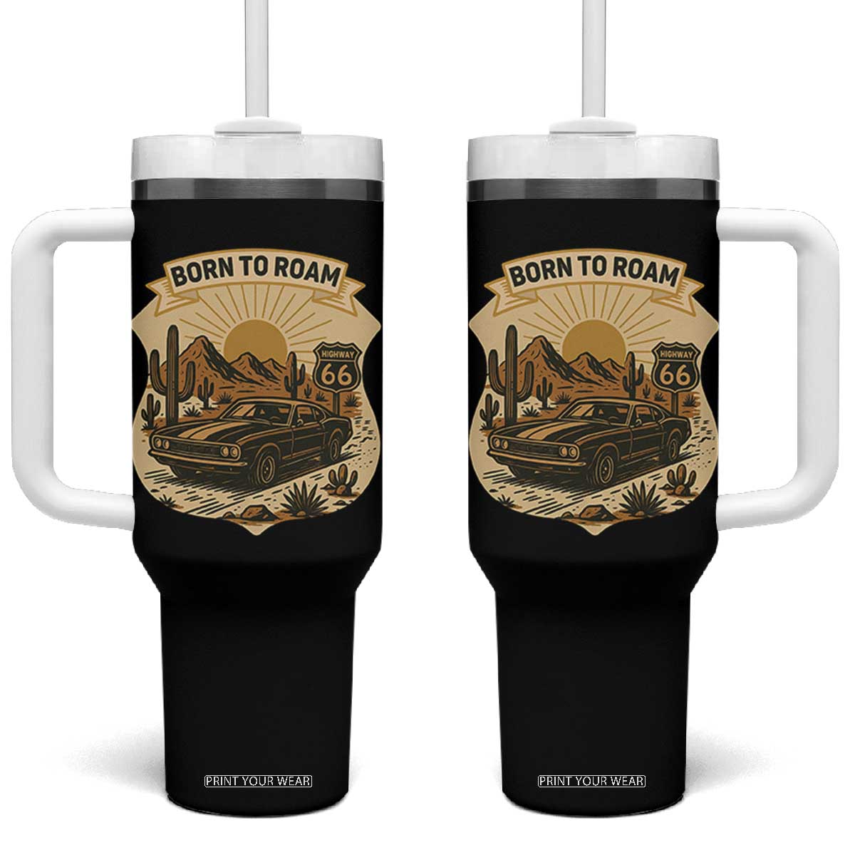 Vintage Muscle Car Route Highway 66 Tumbler With Handle Born To Roam Road Trip TS12 One Size: 40 oz Black Print Your Wear