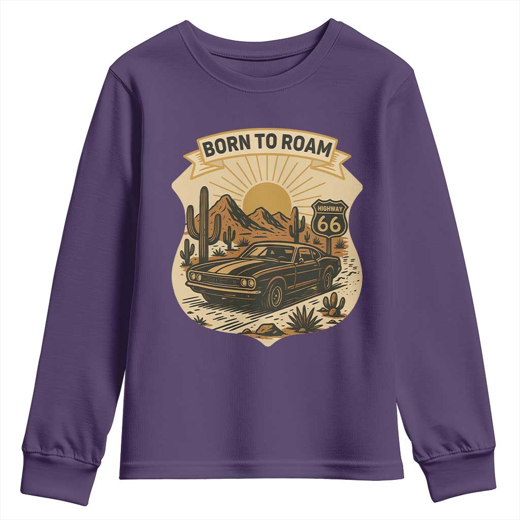 Vintage Muscle Car Route Highway 66 Youth Sweatshirt Born To Roam Road Trip TS12 Purple Print Your Wear