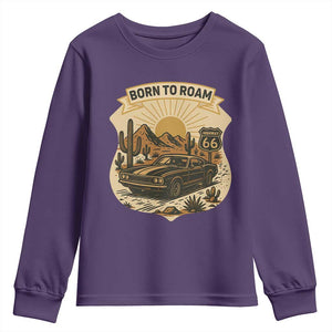 Vintage Muscle Car Route Highway 66 Youth Sweatshirt Born To Roam Road Trip TS12 Purple Print Your Wear