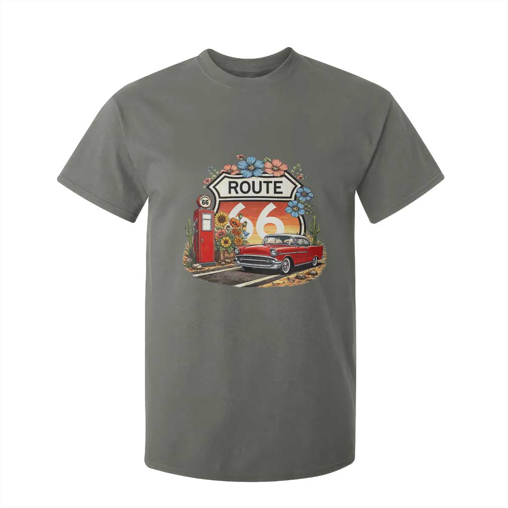 Retro Route Highway 66 T Shirt For Kid Boho Wildflower Americana Floral TS12 Military Green Print Your Wear