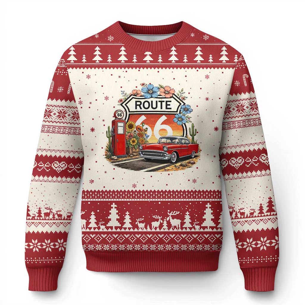 Retro Route Highway 66 Ugly Christmas Sweater Boho Wildflower Americana Floral TS12 Beige Red Print Your Wear
