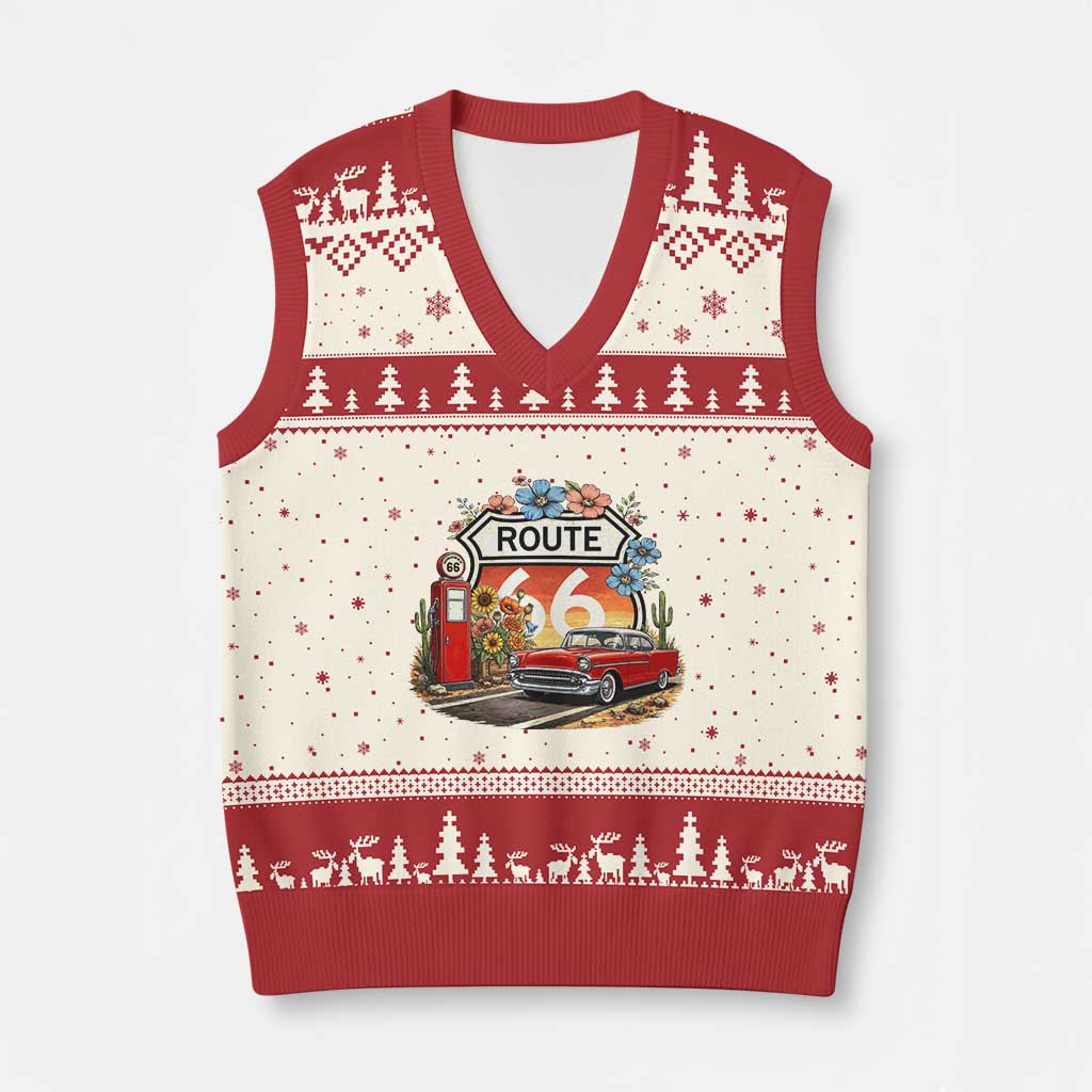 Retro Route Highway 66 V-Neck Knit Sweater Vest Boho Wildflower Americana Floral TS12 Beige Red Print Your Wear