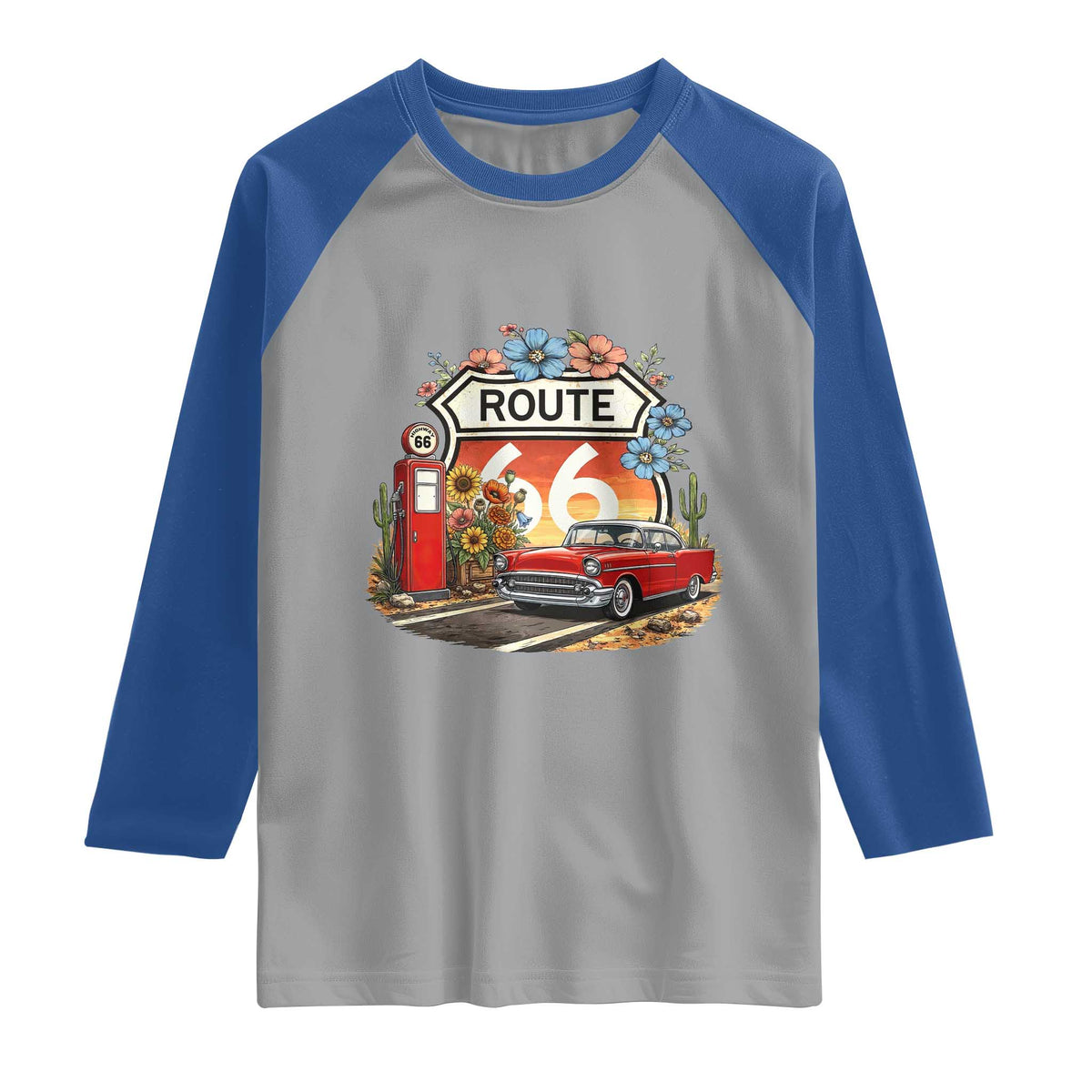Retro Route Highway 66 Raglan Shirt Boho Wildflower Americana Floral TS12 Sport Gray Royal Print Your Wear
