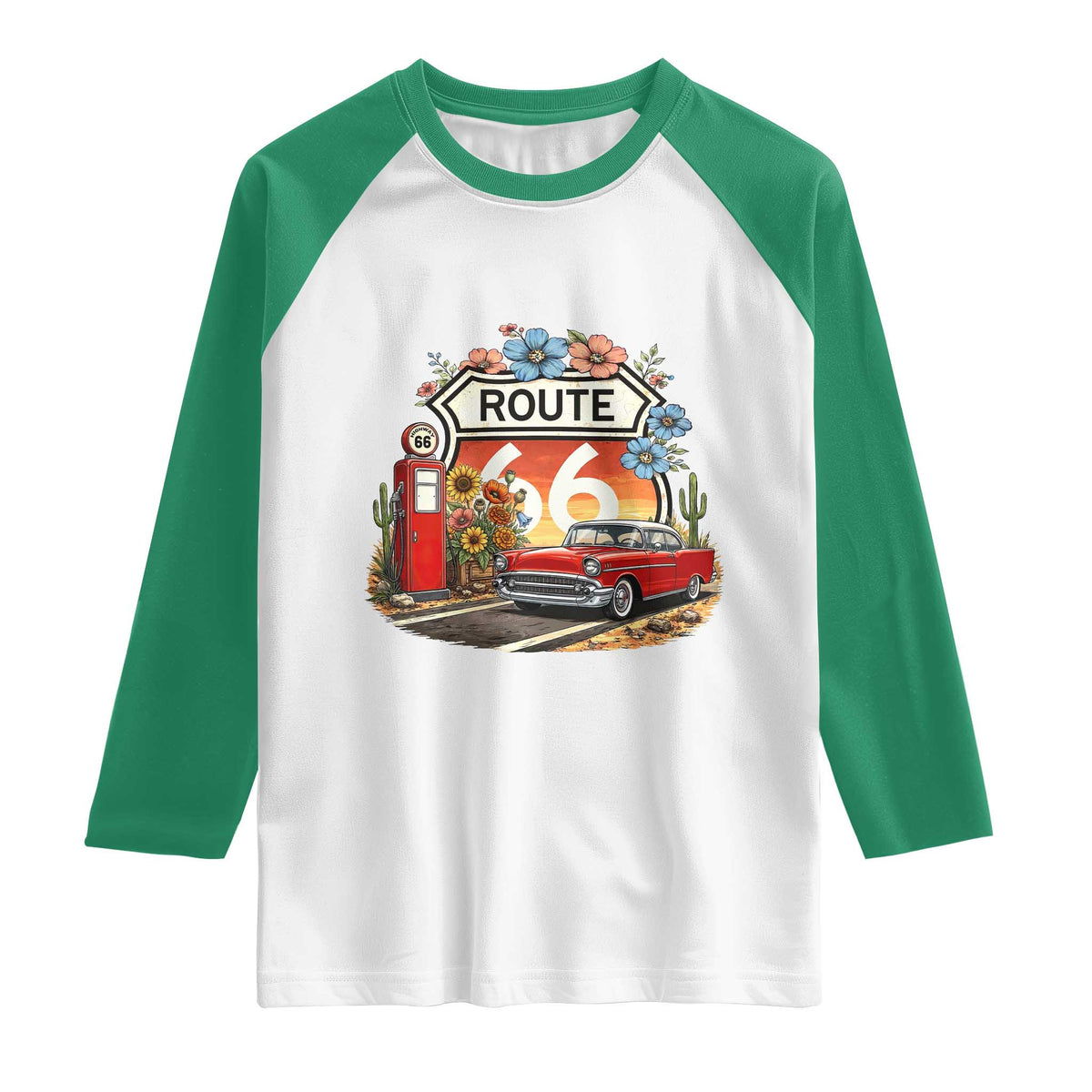 Retro Route Highway 66 Raglan Shirt Boho Wildflower Americana Floral TS12 White Kelly Green Print Your Wear