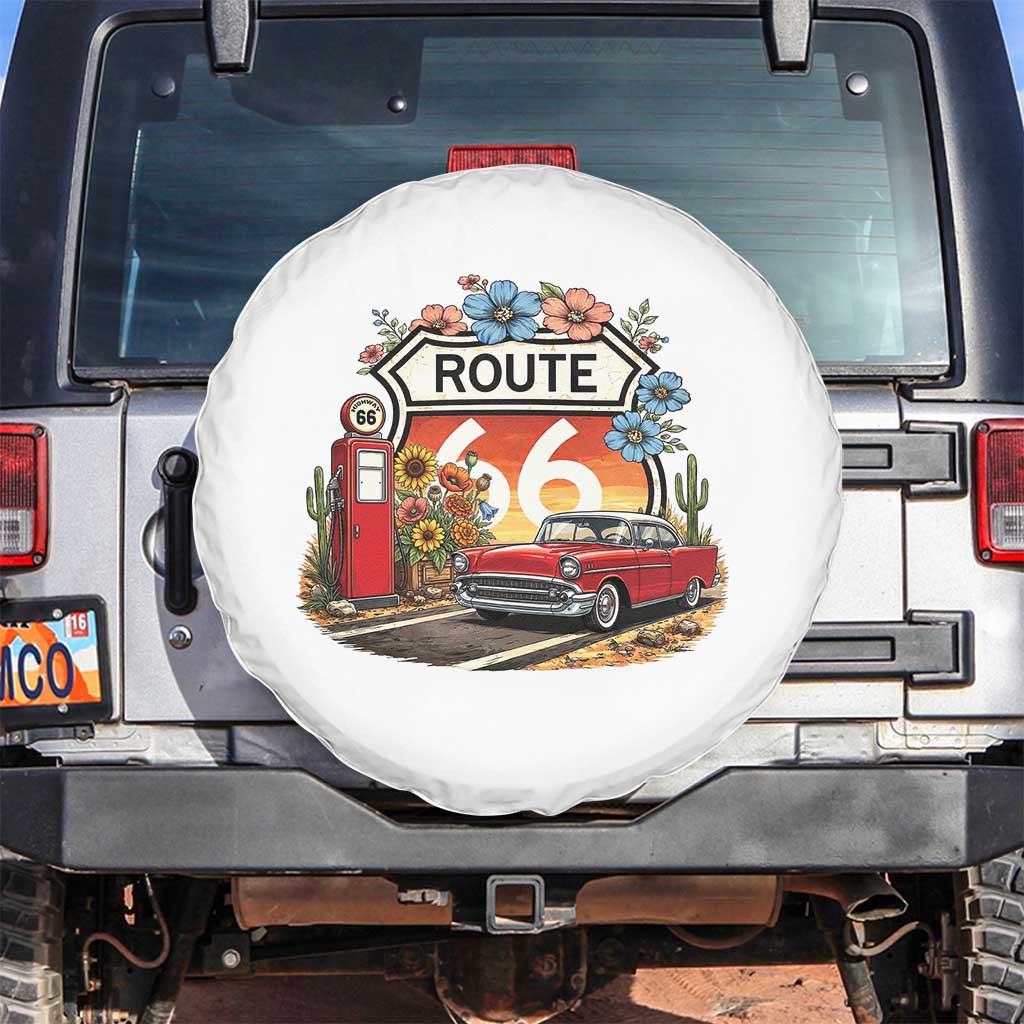 Retro Route Highway 66 Spare Tire Cover Boho Wildflower Americana Floral TS12 No hole White Print Your Wear