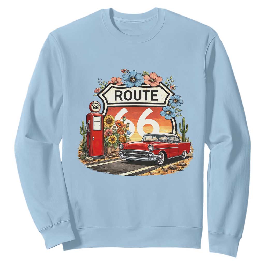 Retro Route Highway 66 Sweatshirt Boho Wildflower Americana Floral TS12 Light Blue Print Your Wear