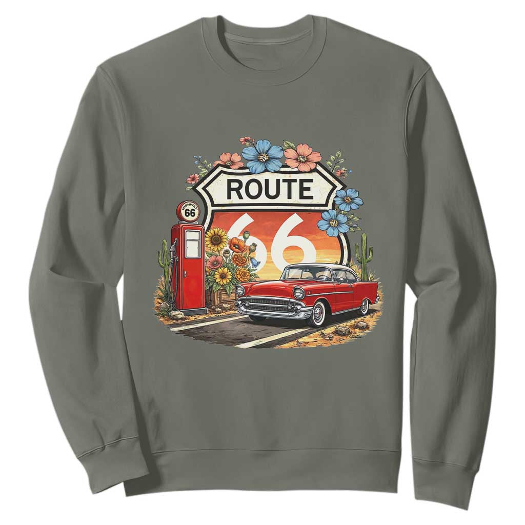 Retro Route Highway 66 Sweatshirt Boho Wildflower Americana Floral TS12 Military Green Print Your Wear