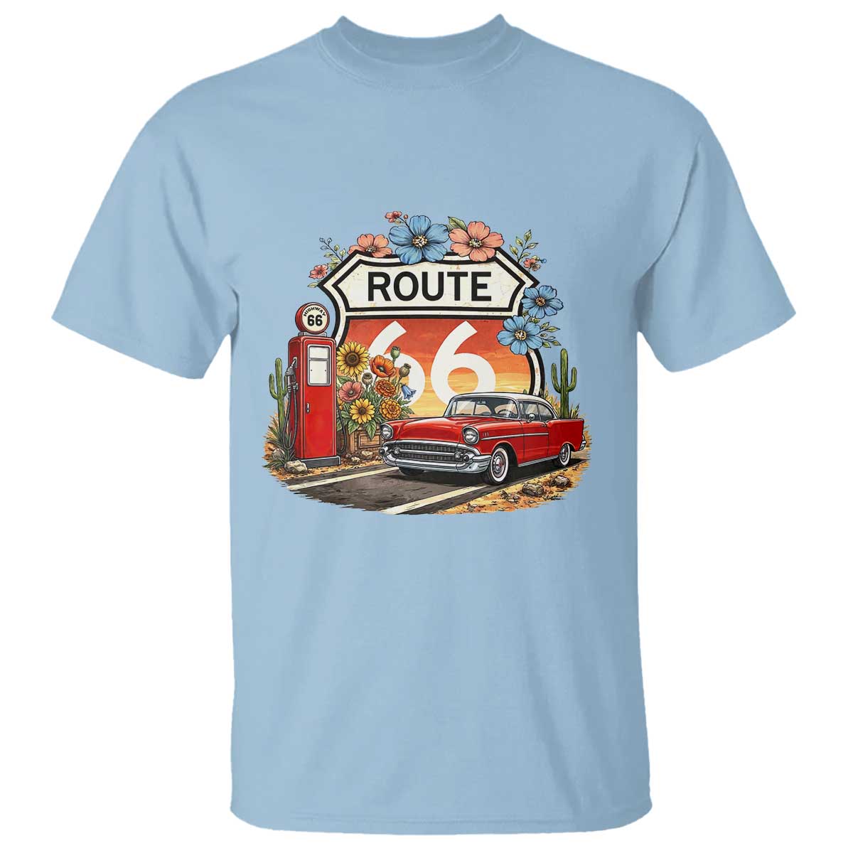 Retro Route Highway 66 T Shirt Boho Wildflower Americana Floral TS12 Light Blue Print Your Wear