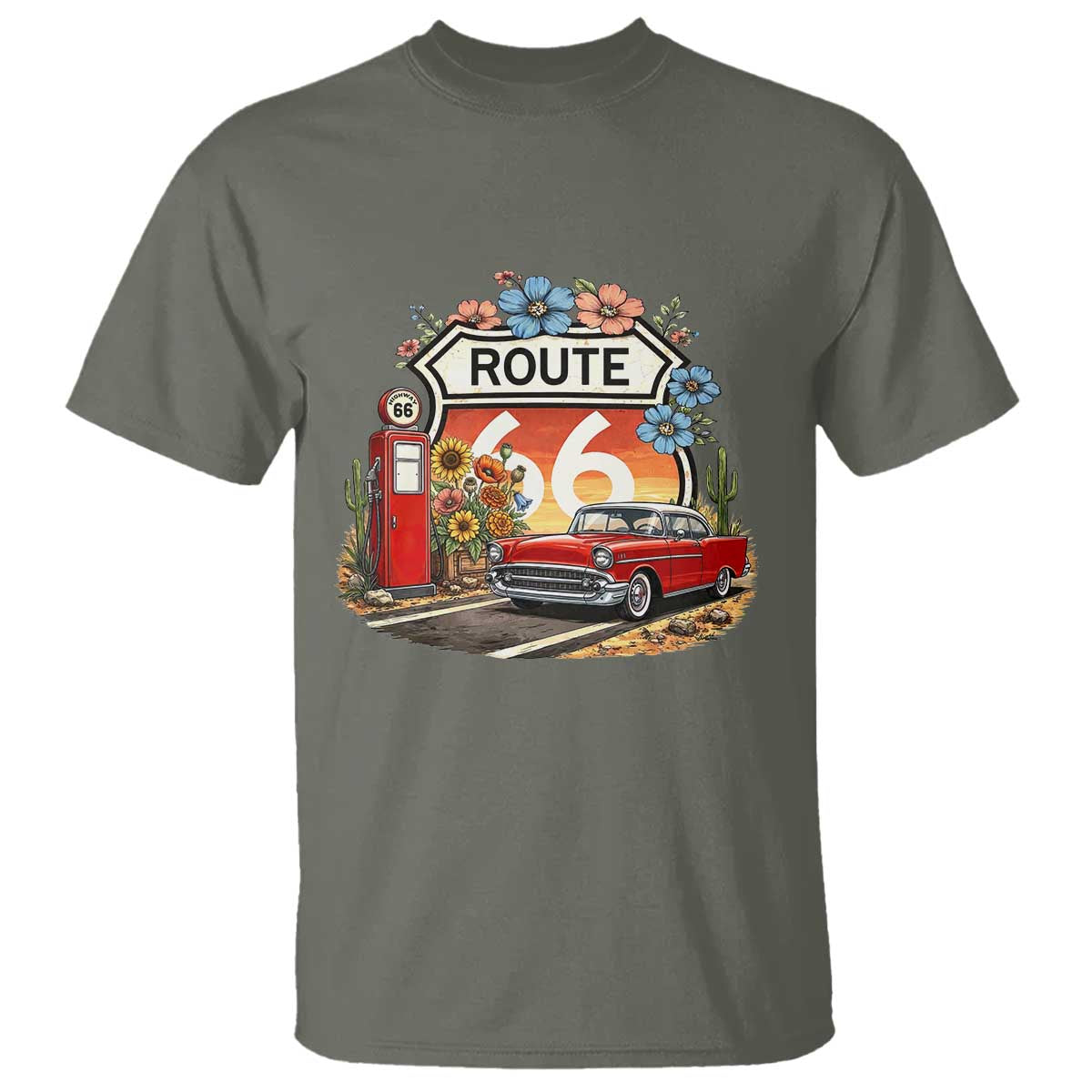 Retro Route Highway 66 T Shirt Boho Wildflower Americana Floral TS12 Military Green Print Your Wear