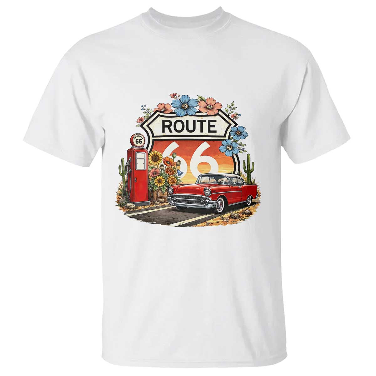 Retro Route Highway 66 T Shirt Boho Wildflower Americana Floral TS12 White Print Your Wear