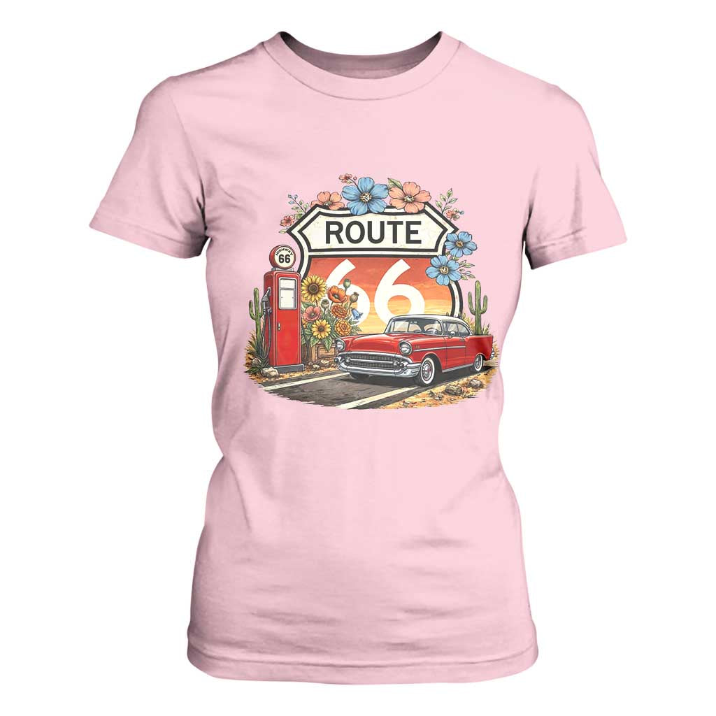 Retro Route Highway 66 T Shirt For Women Boho Wildflower Americana Floral TS12 Light Pink Print Your Wear