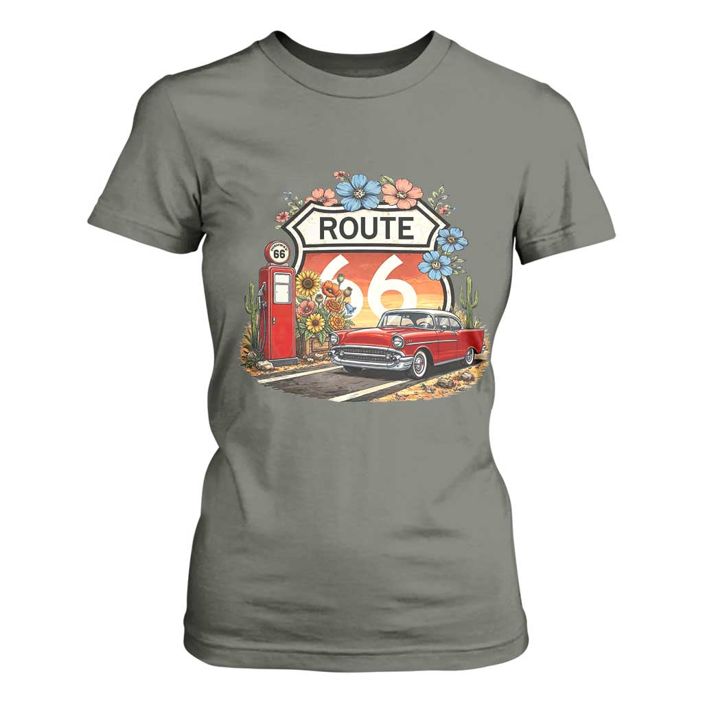 Retro Route Highway 66 T Shirt For Women Boho Wildflower Americana Floral TS12 Military Green Print Your Wear