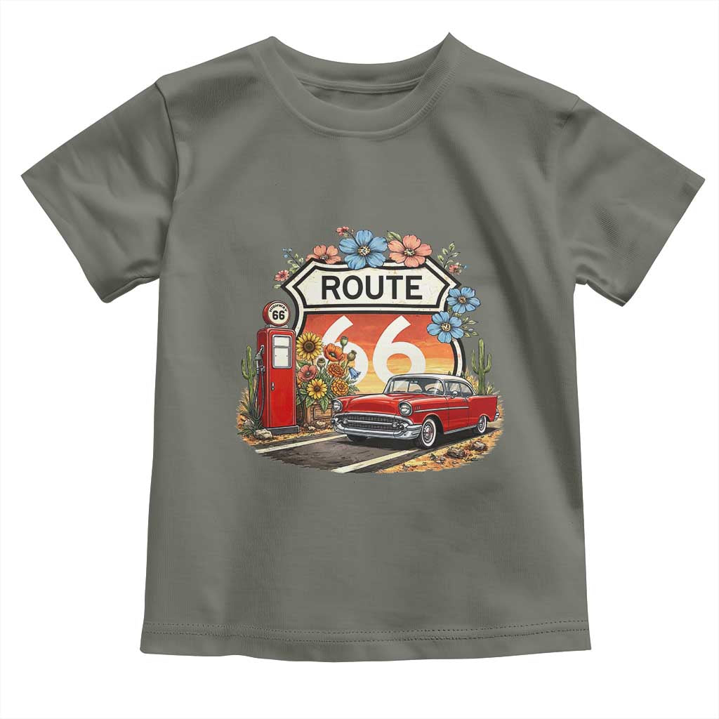 Retro Route Highway 66 Toddler T Shirt Boho Wildflower Americana Floral TS12 Military Green Print Your Wear