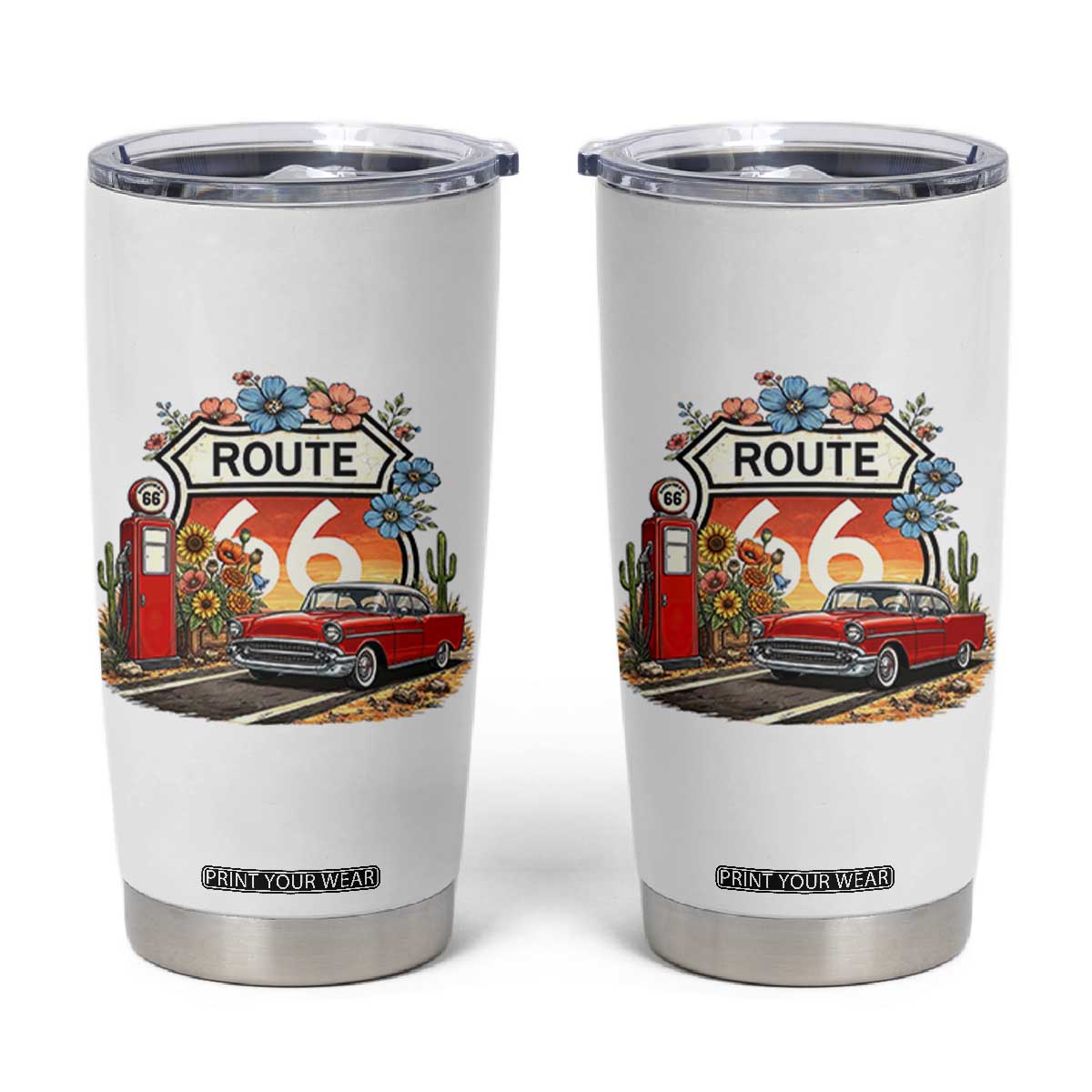 Retro Route Highway 66 Tumbler Cup Boho Wildflower Americana Floral TS12 White Print Your Wear