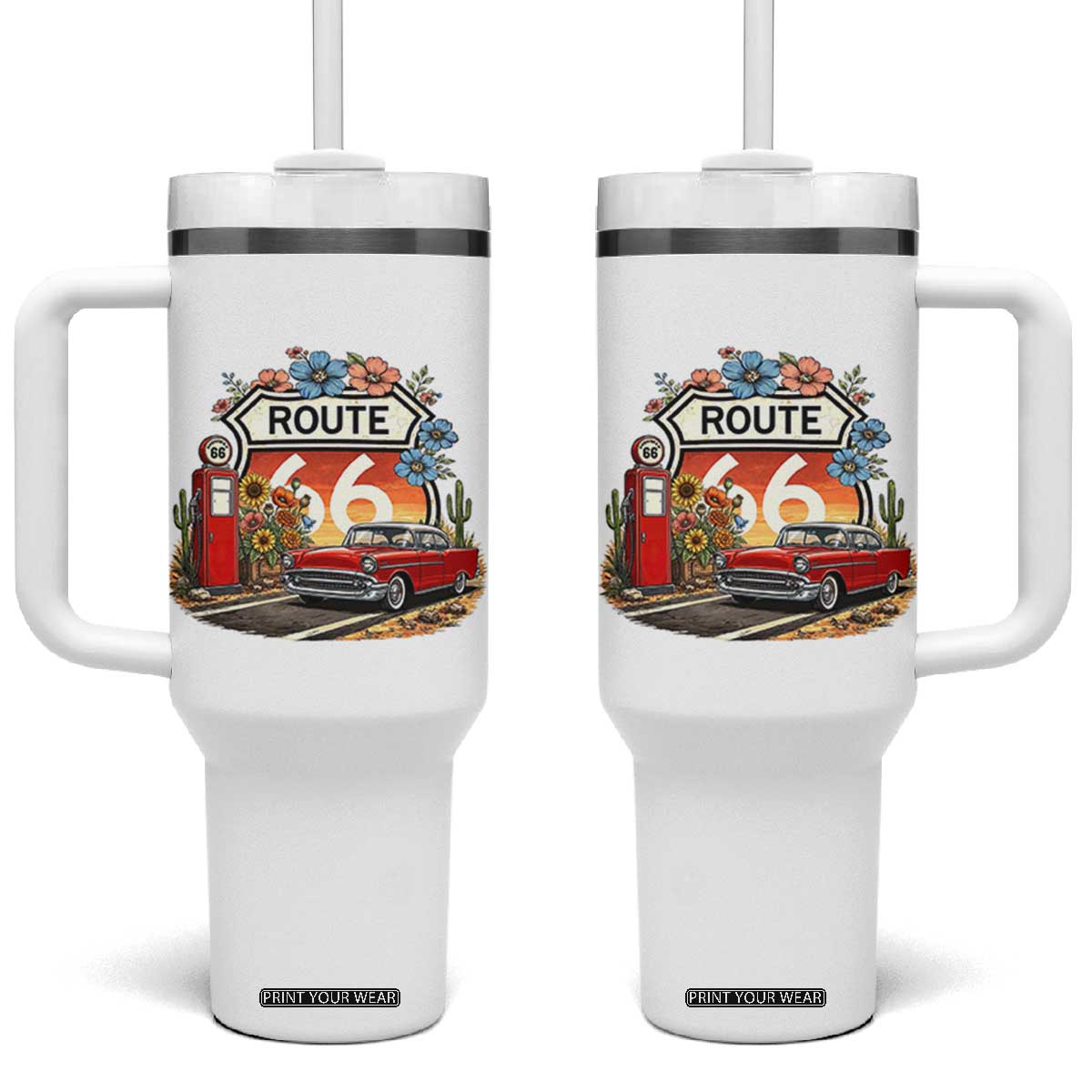 Retro Route Highway 66 Tumbler With Handle Boho Wildflower Americana Floral TS12 One Size: 40 oz White Print Your Wear