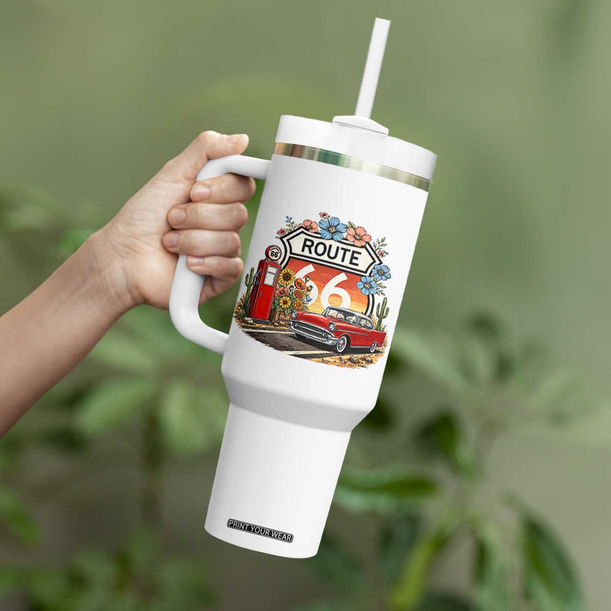 Retro Route Highway 66 Tumbler With Handle Boho Wildflower Americana Floral TS12 Print Your Wear