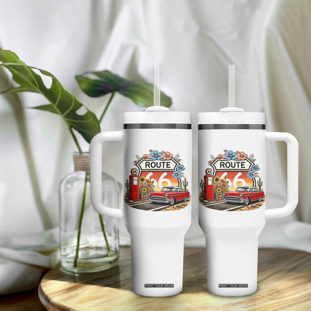 Retro Route Highway 66 Tumbler With Handle Boho Wildflower Americana Floral TS12 Print Your Wear