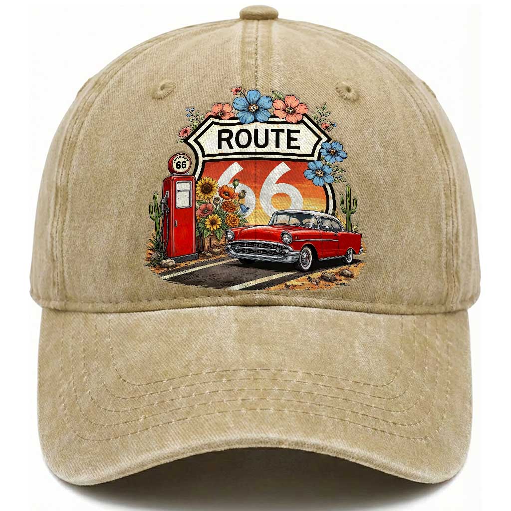 Retro Route Highway 66 Washed Cotton Baseball Cap Boho Wildflower Americana Floral TS12 Print Your Wear