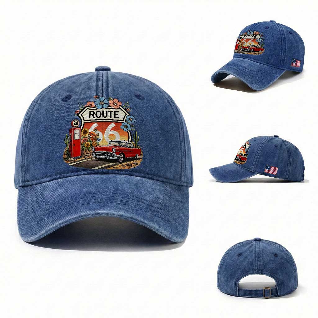Retro Route Highway 66 Washed Cotton Baseball Cap Boho Wildflower Americana Floral TS12 Washed Cap Universal Fit Royal Blue Print Your Wear