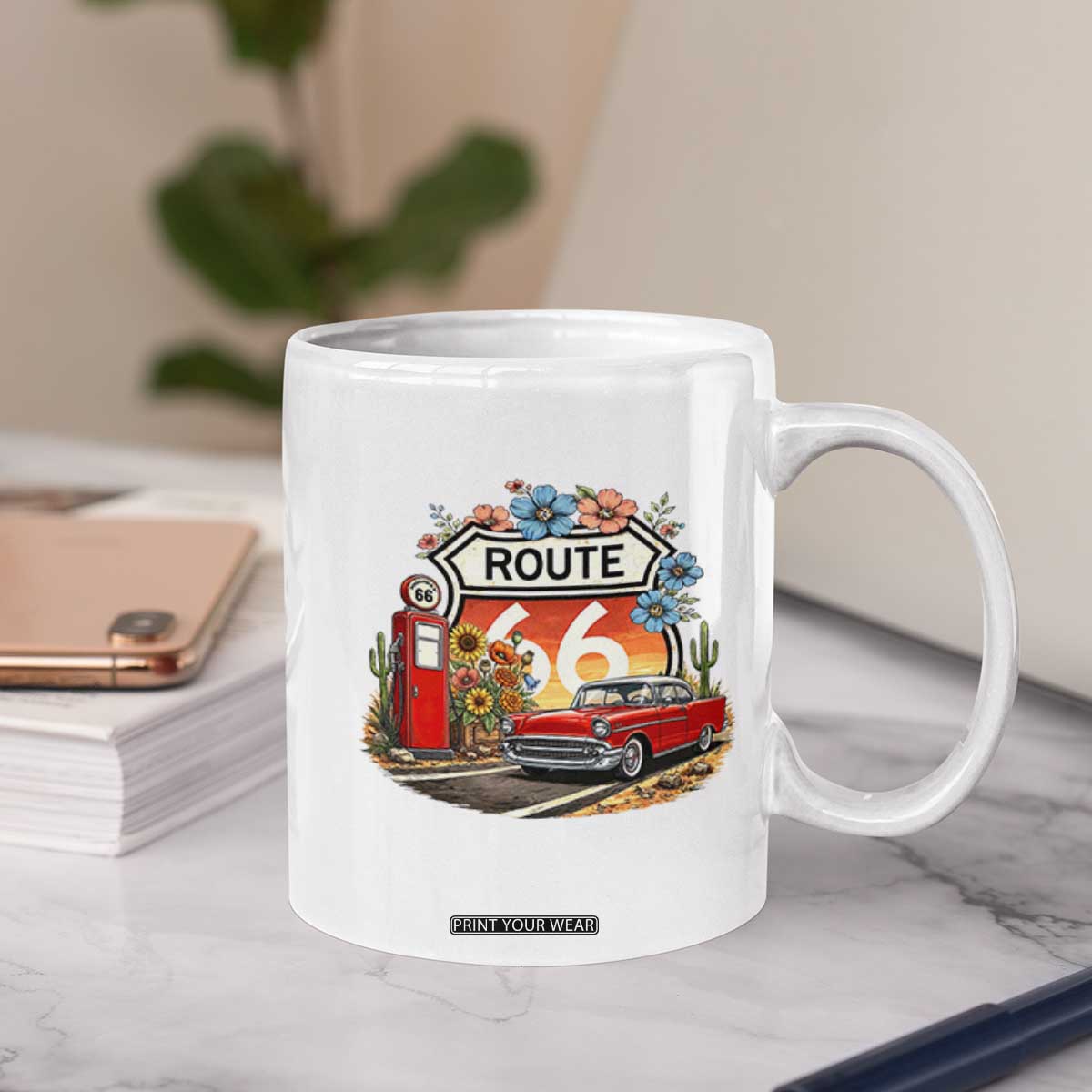 Retro Route Highway 66 Coffee Mug Boho Wildflower Americana Floral TS12 Print Your Wear