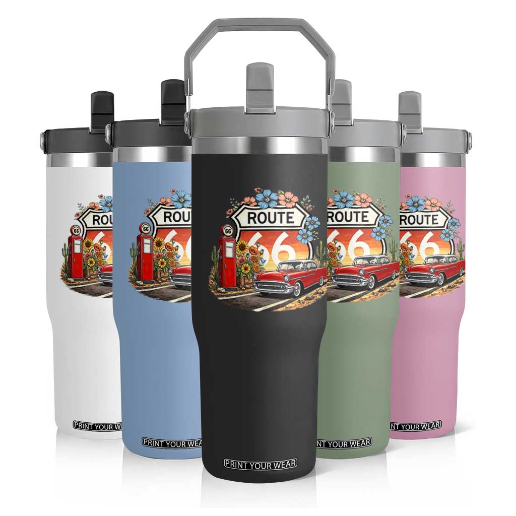 Retro Route Highway 66 Flip Straw Tumbler Boho Wildflower Americana Floral TS12 Print Your Wear