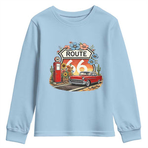Retro Route Highway 66 Youth Sweatshirt Boho Wildflower Americana Floral TS12 Light Blue Print Your Wear
