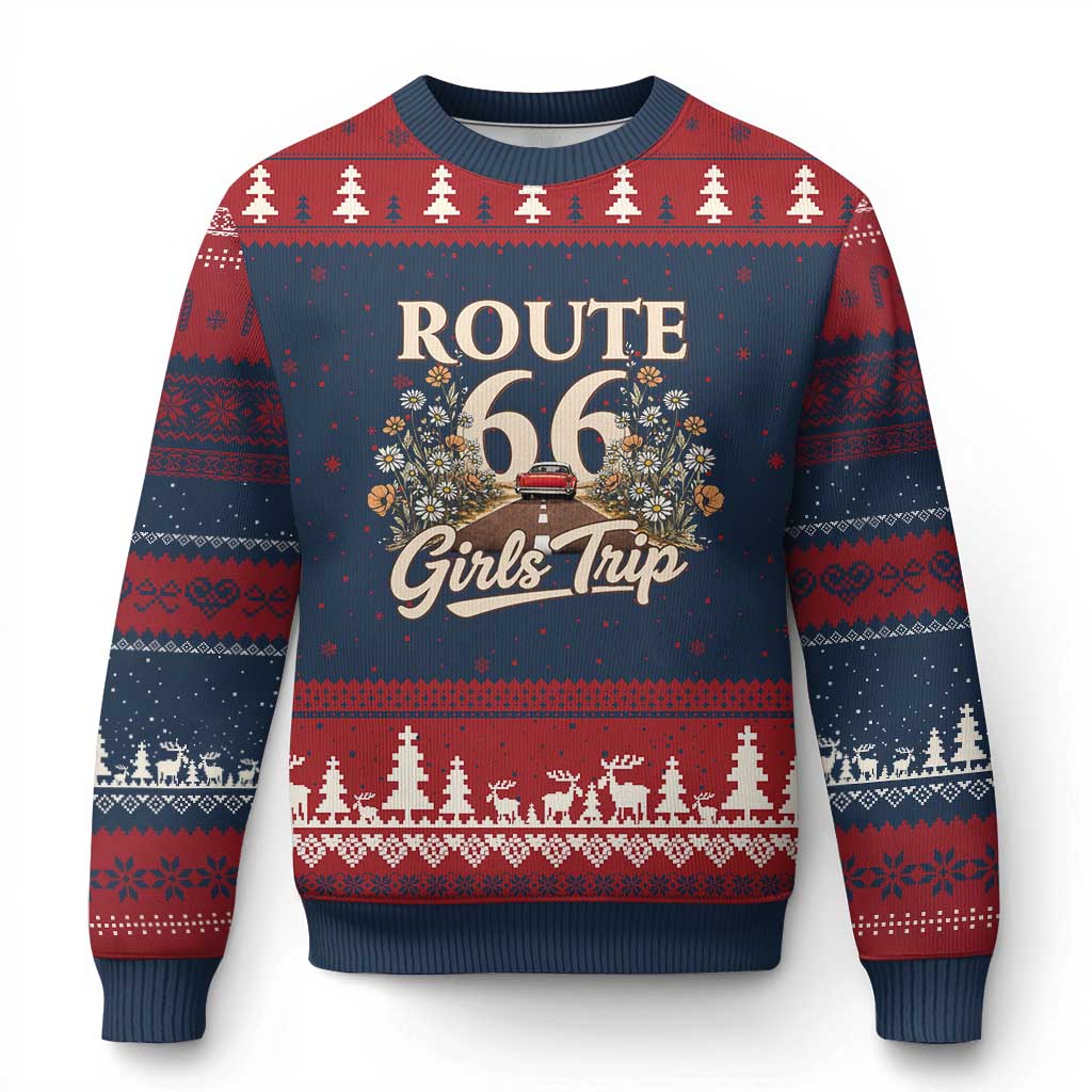 Retro Floral Route Highway 66 Girls Trip Road Trip Ugly Christmas Sweater TS12 Navy Red Print Your Wear