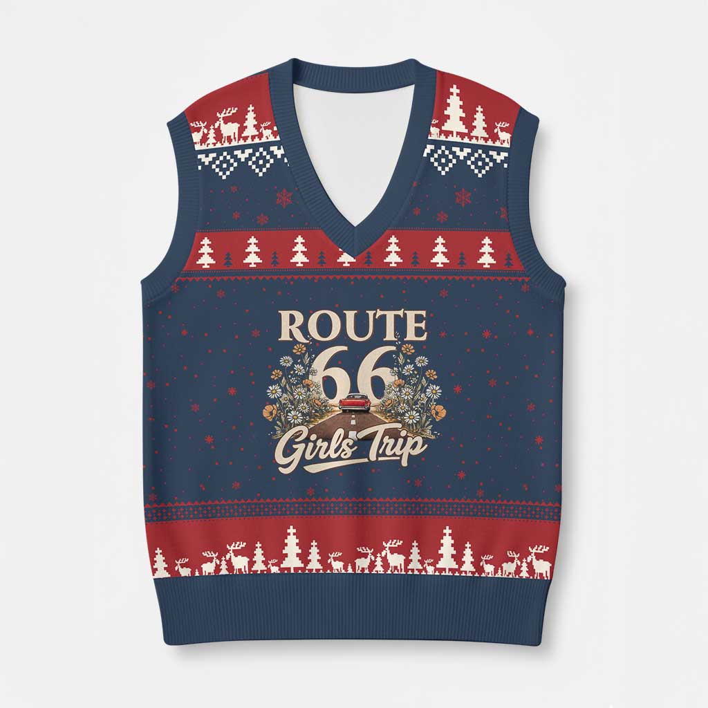 Retro Floral Route Highway 66 Girls Trip Road Trip V-Neck Knit Sweater Vest TS12 Navy Red Print Your Wear