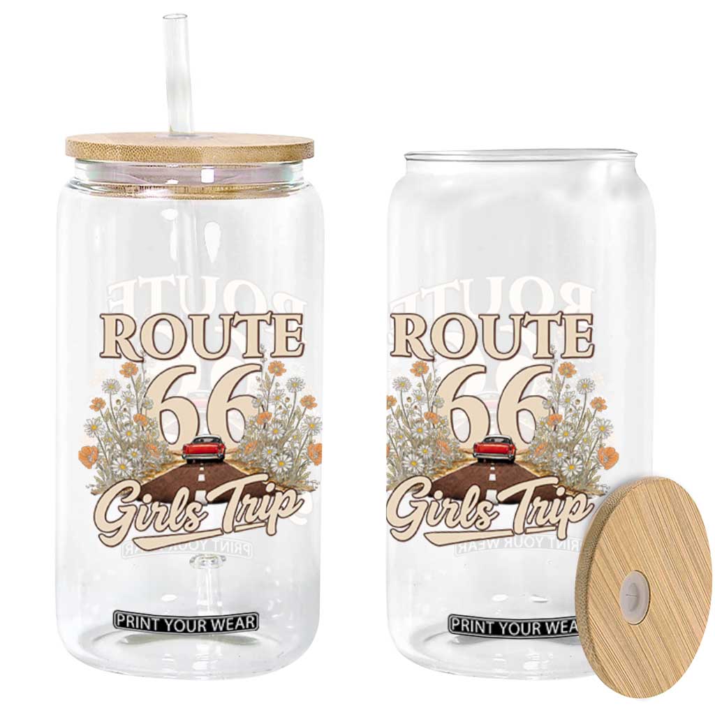 Retro Floral Route Highway 66 Girls Trip Road Trip Glass Can