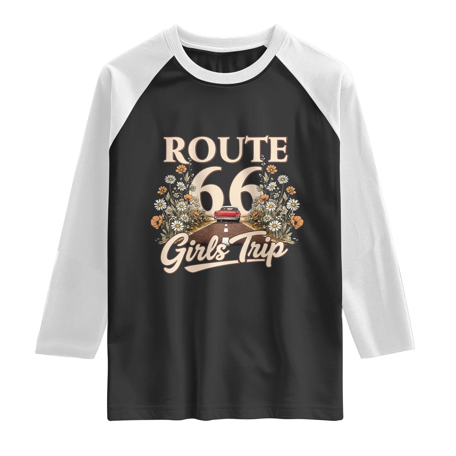 Retro Floral Route Highway 66 Girls Trip Road Trip Raglan Shirt TS12 Black White Print Your Wear