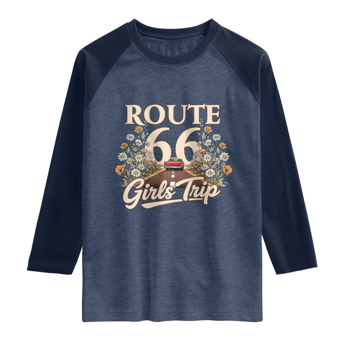 Retro Floral Route Highway 66 Girls Trip Road Trip Raglan Shirt