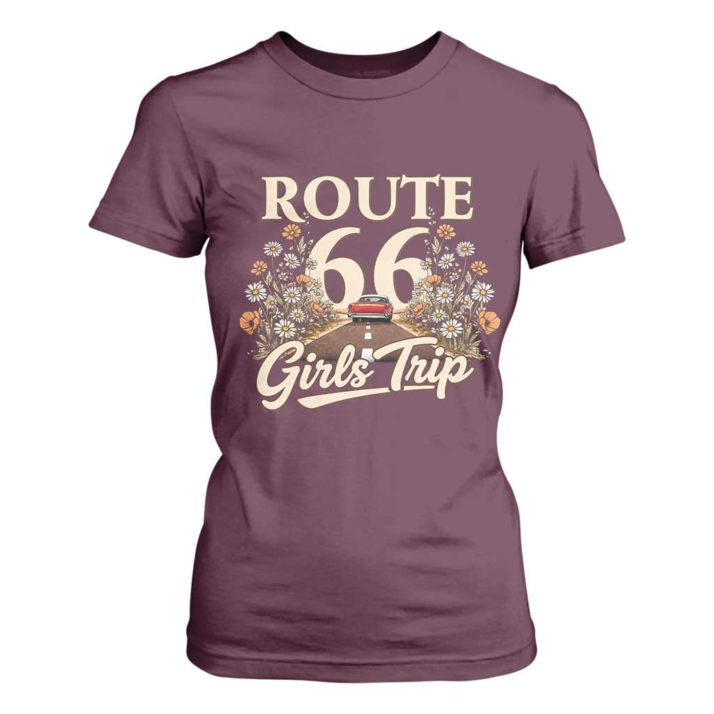 Retro Floral Route Highway 66 Girls Trip Road Trip T Shirt For Women